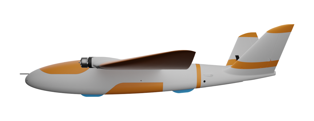 İHA'nın yandan görünüşü: aerodinamik gövde, itici pervane ve V kuyruk